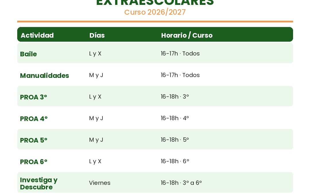Horario de las actividades extraescolares de tarde – Curso 2026/2027