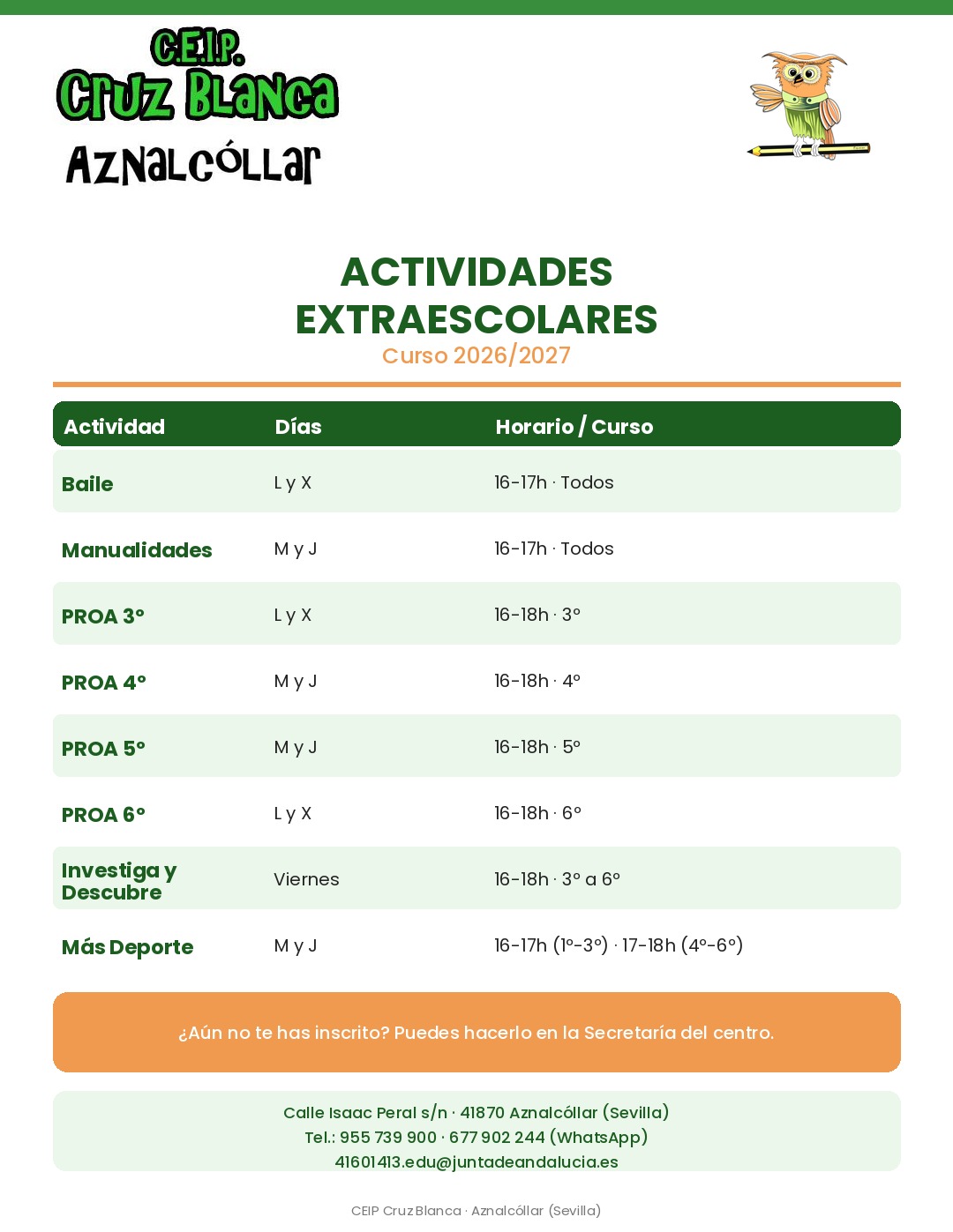 Horario de actividades extraescolares curso 2026/2027
